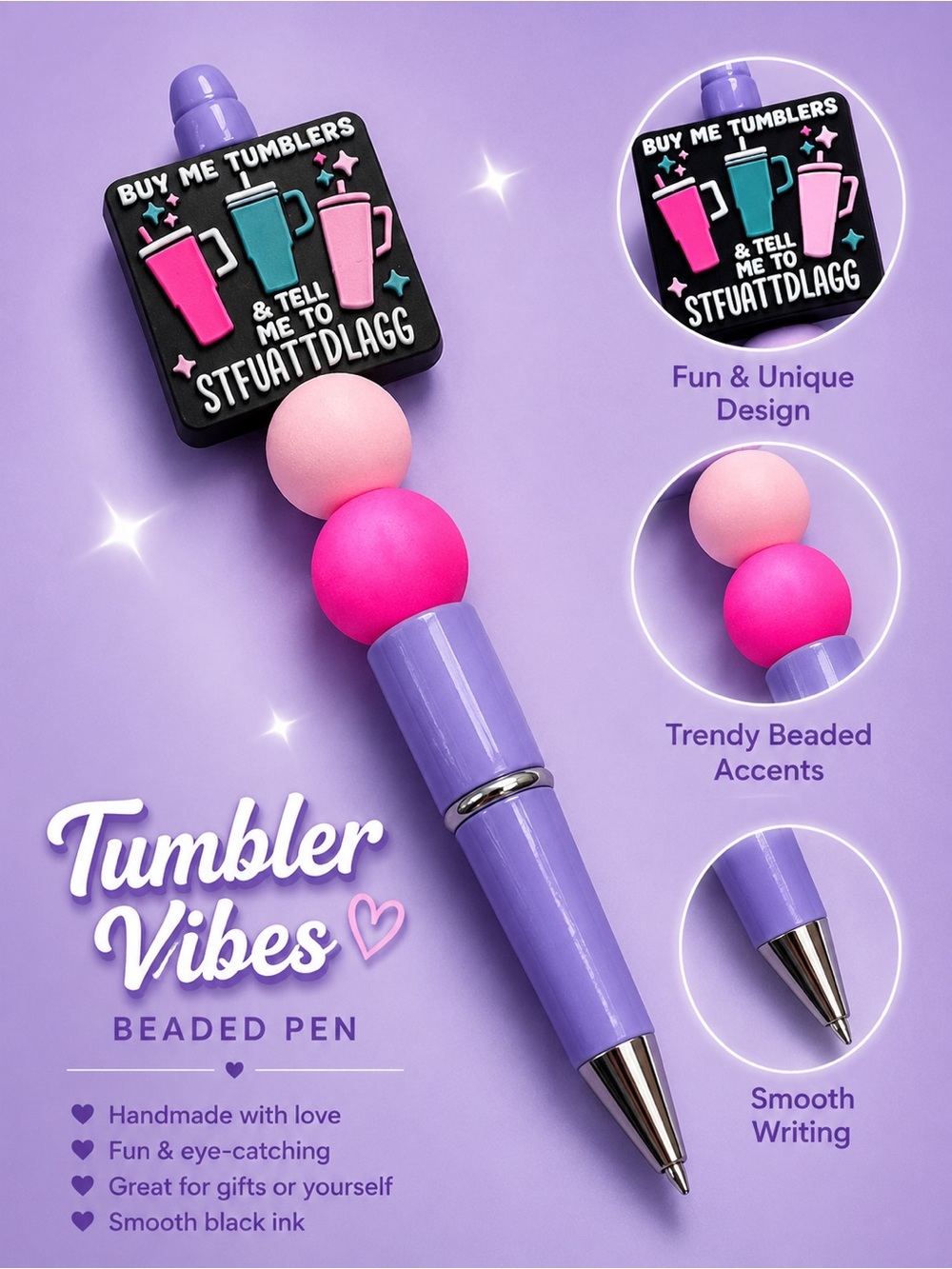 Hand Crafted Beaded Pen - Lavender, Pink & Hot Pink